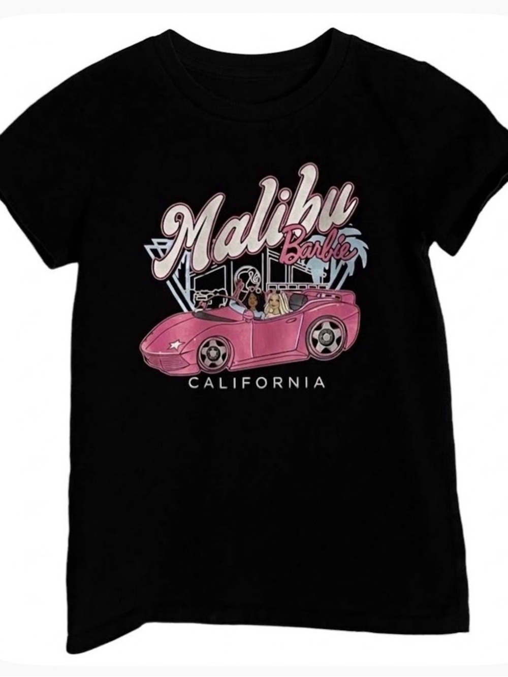 BARBIE Malibu Car Short Sleeve Tee, Girls M (10/12), Black Pink